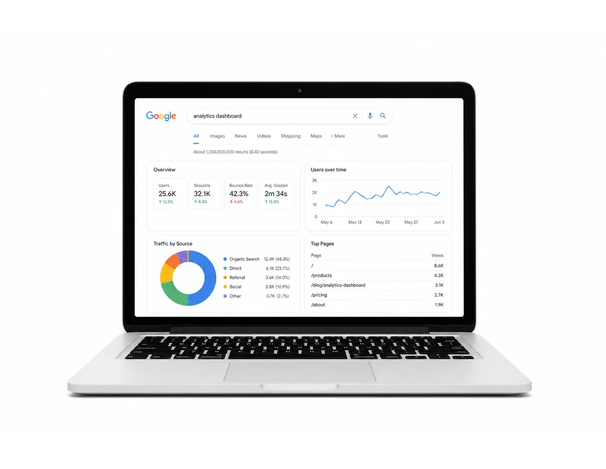 Portátil mostrando un panel de analítica con datos de tráfico orgánico