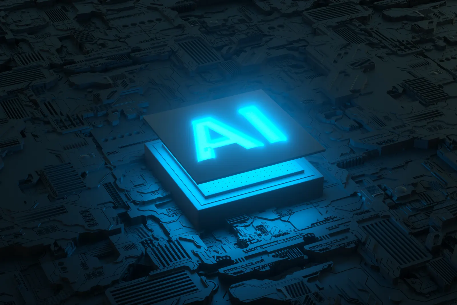 Chip con las siglas AI iluminado sobre una placa electrónica